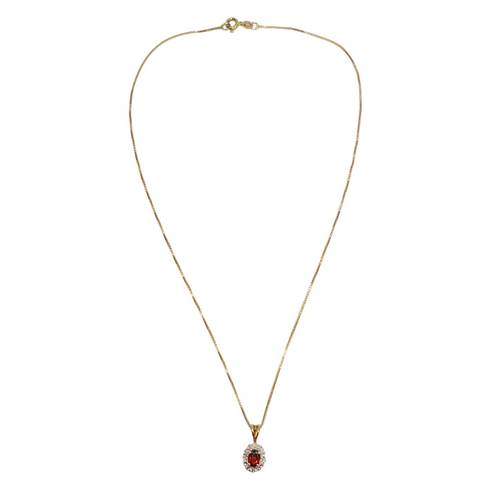 Gold Plated 925 Sterling Silver Necklace w/ Dark Red & Clear Stone Pendant (4g)